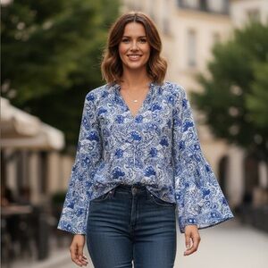 Michael Kors Blue Paisley Bell Sleeve Top M